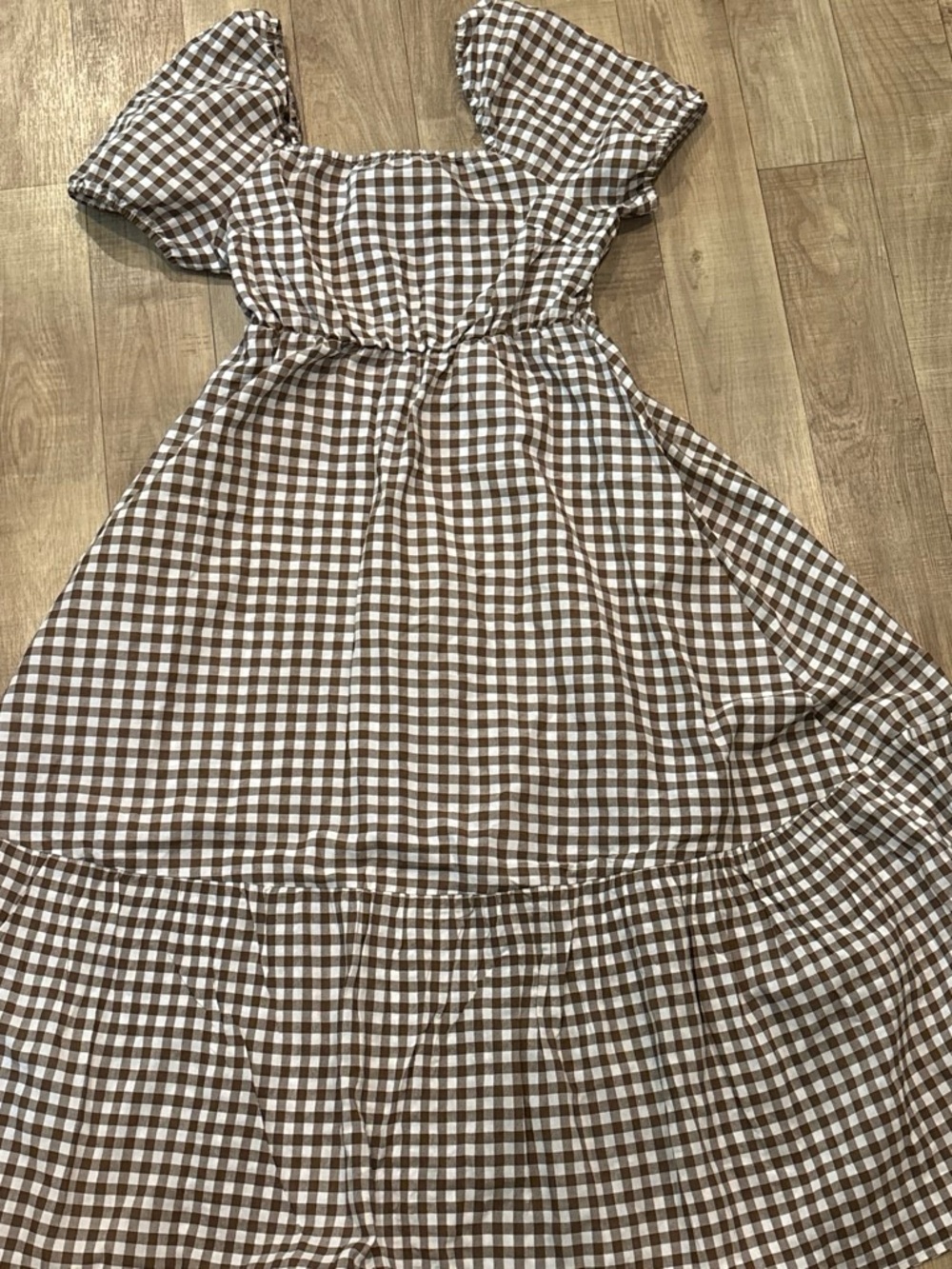 Amazon Brown and White Gingham Midi Dress with Puff Sleeves